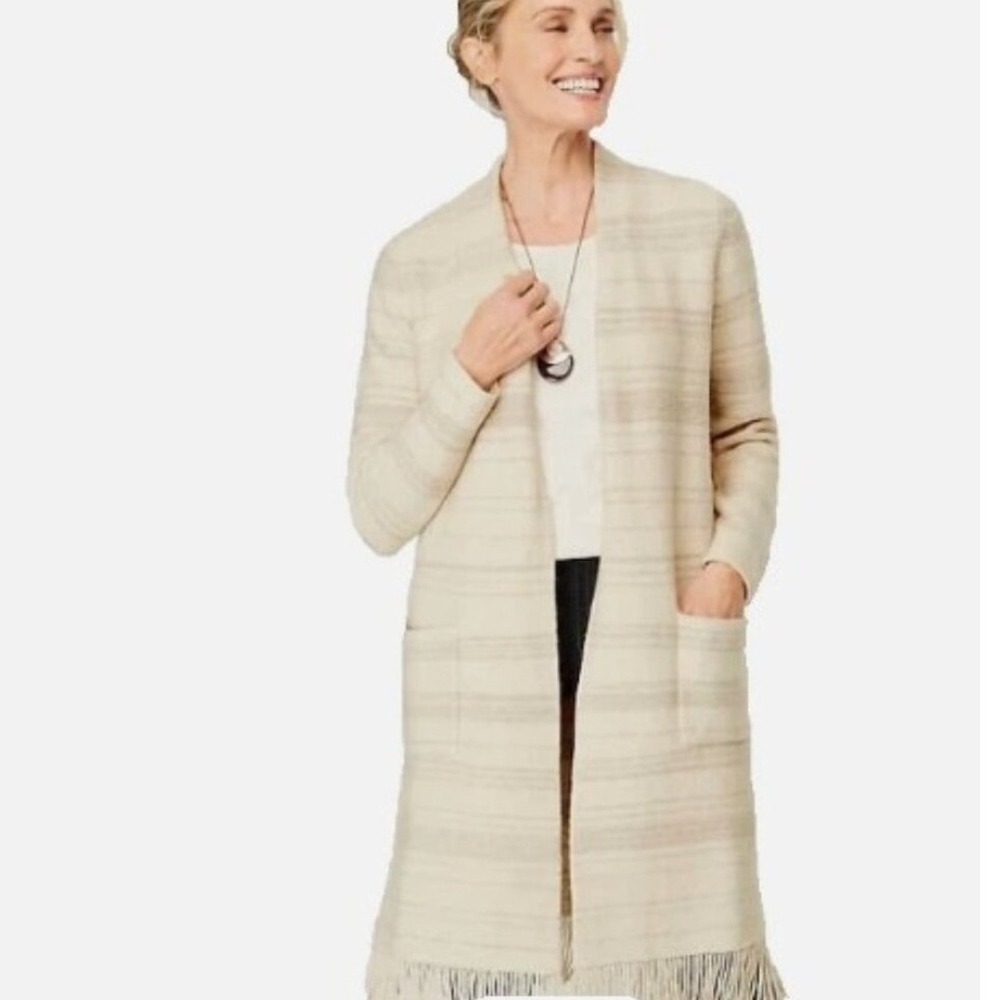 Pure‎ Jill Textured Stripes Open Front Cardigan Duster Fringe Hem M Petite